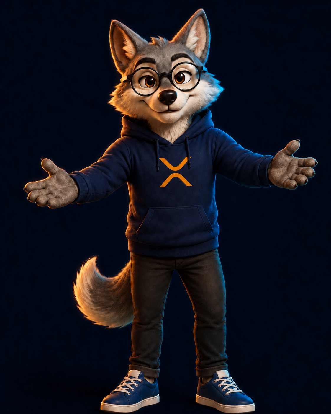 MyCryptoGeek mascot — friendly wolf with arms open welcoming you to crypto education